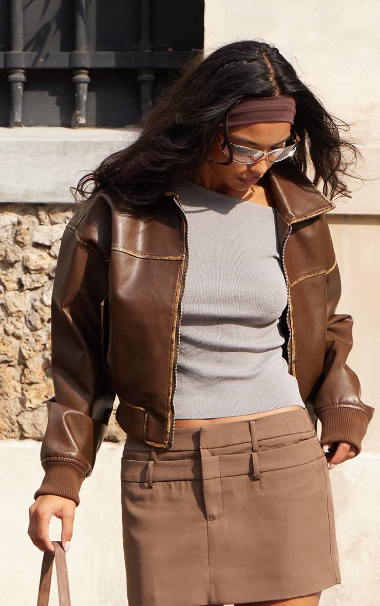 Marron Veste Bomber Courte En Synthétique Avec Détails Délavés