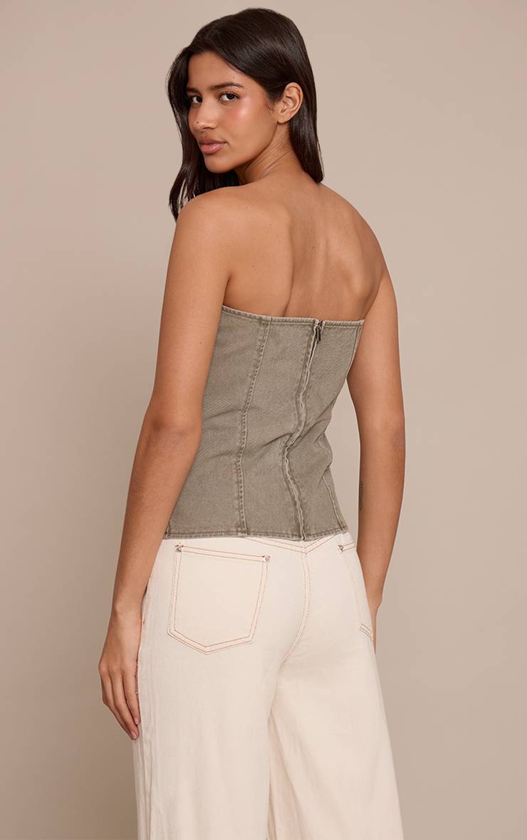 Kaki Délavé Top Corset Bustier En Denim Sans Bretelles Pour Grande Taille