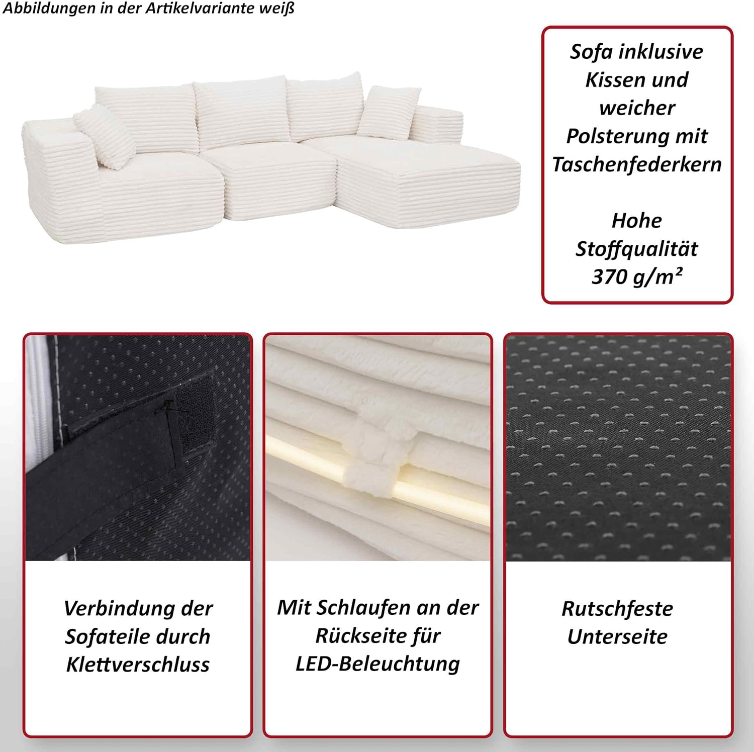 Mendler Sofa-Garnitur HWC-P20, 3-Sitzer Couch Loungesofa, Stoff/Textil Cord (370 g/m²) Liegefläche rechts - hellgrau