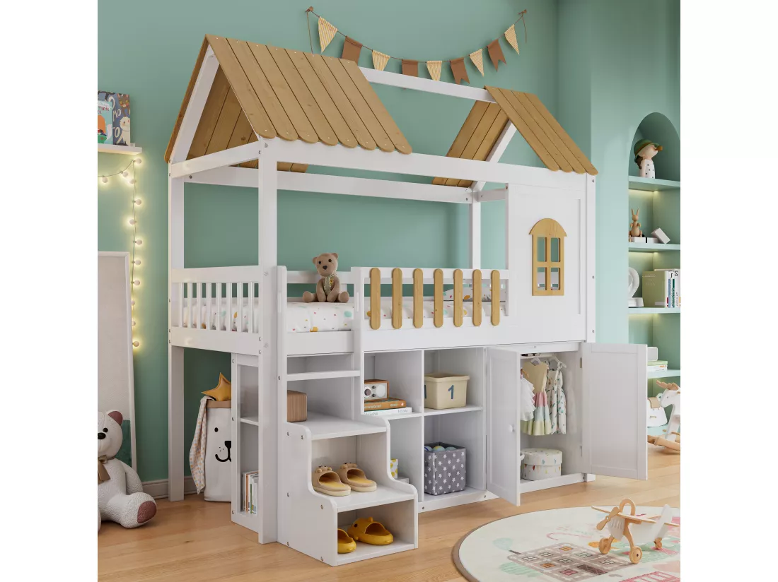 Lit mezzanine 90 x 200 cm avec armoire, 2 portes et toit - pin + MDF - blanc + naturel (sans matelas)