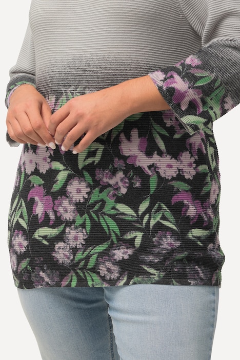 Pullover, Blüten, Krausstrick, Rundhals, 3/4-Arm