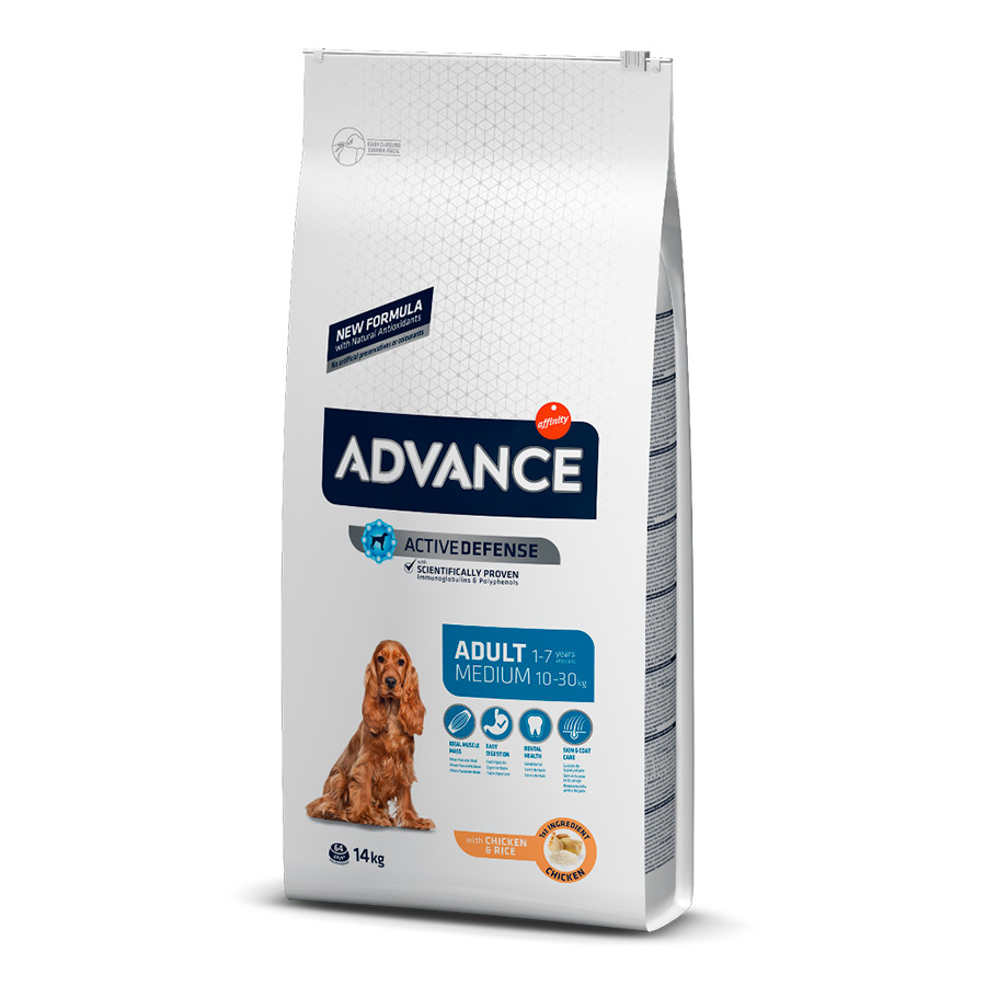 kg de ração Advance Active Defense para cães adultos de porte médio com sabor de frango e arroz.