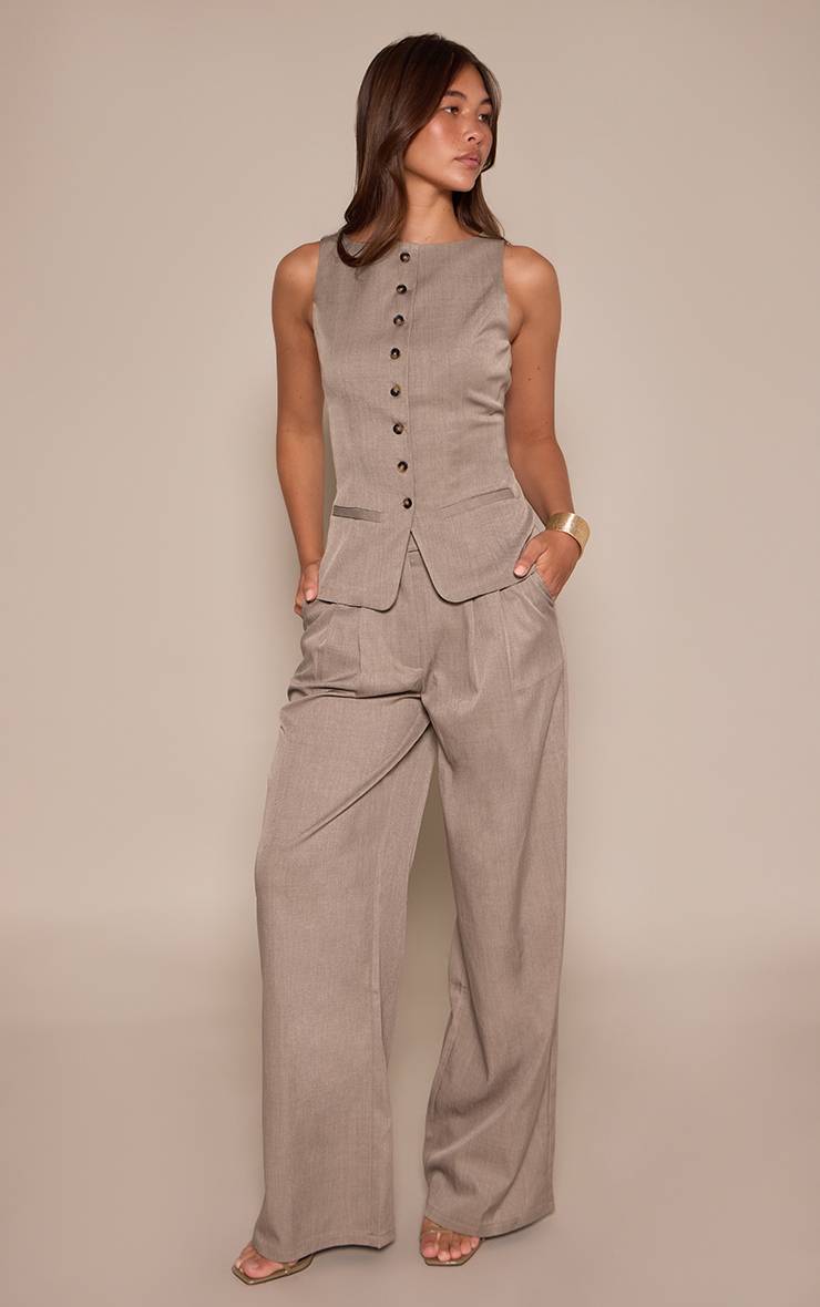 Taupe Pantalon Large Plissé En Tissu Tissé Ajusté