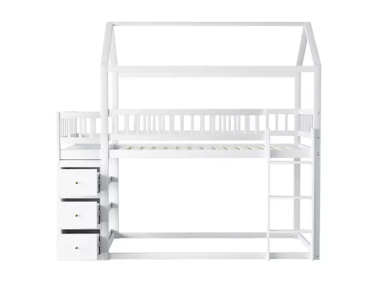 Lit enfant superposé 90 * 200 cm, avec casiers et étagères, lit bas avec échelle, blanc