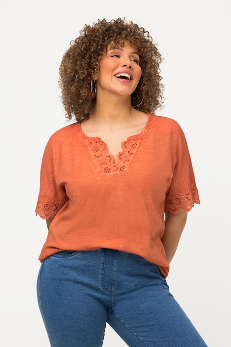 T-Shirt, Spitze, Oversized, Tunika-Ausschnitt, Halbarm