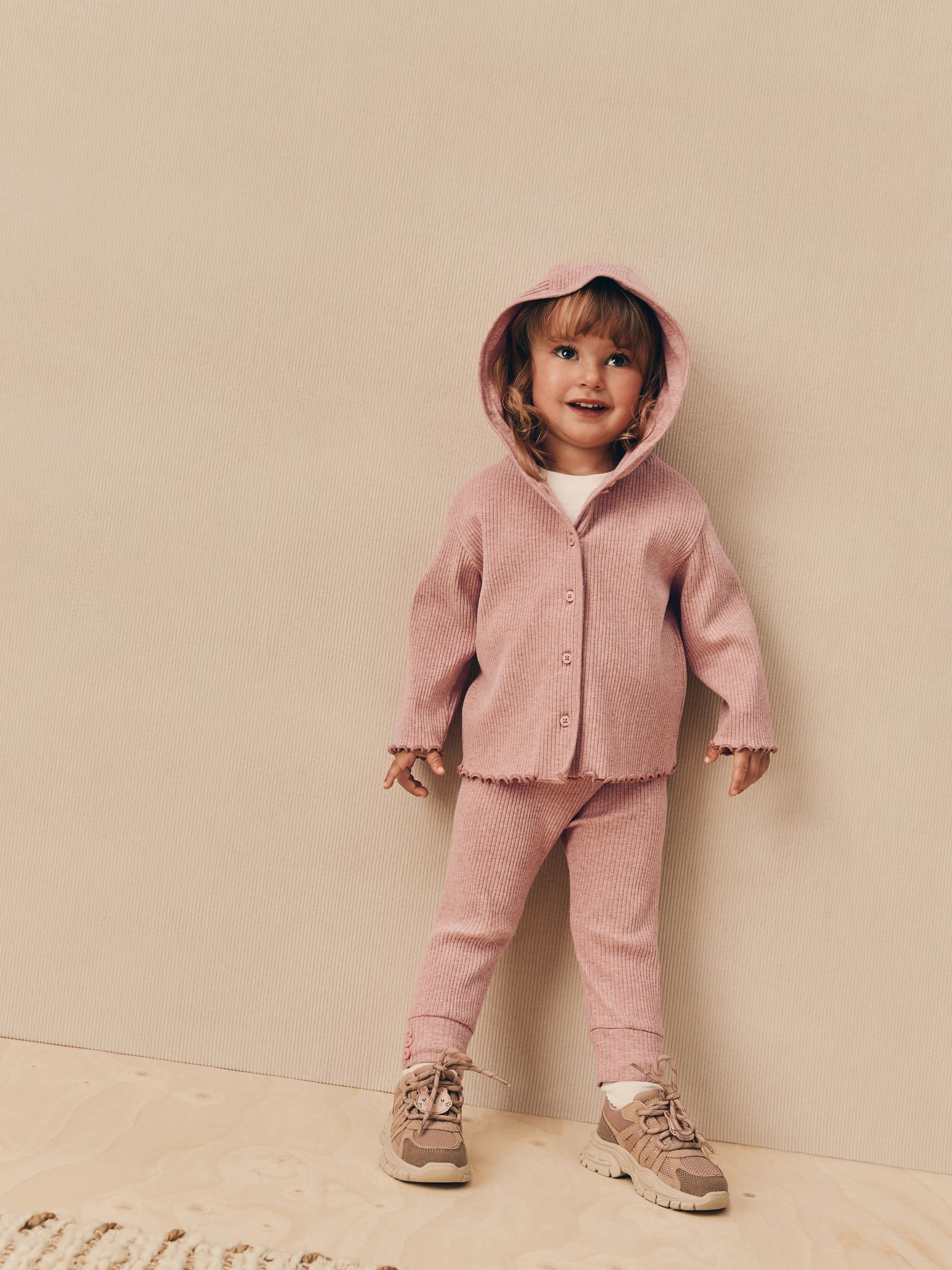Lichtroze - Set met geribbelde cardigan met capuchon en legging (3mnd -7jr)