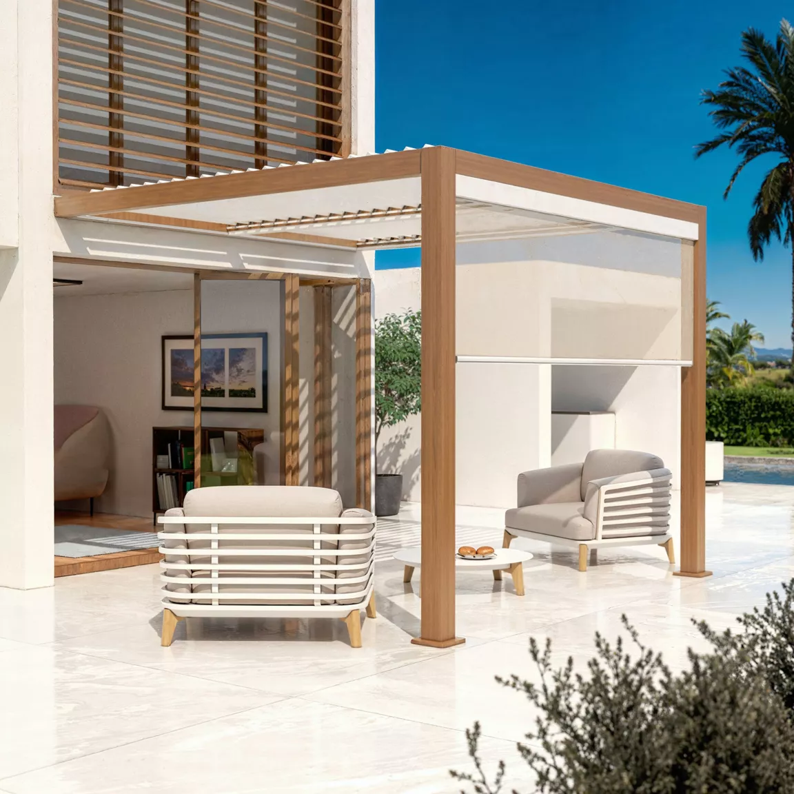 Pergola bioclimatique Adossée motorisée aluminium et LED (3 x 3 m) Bois