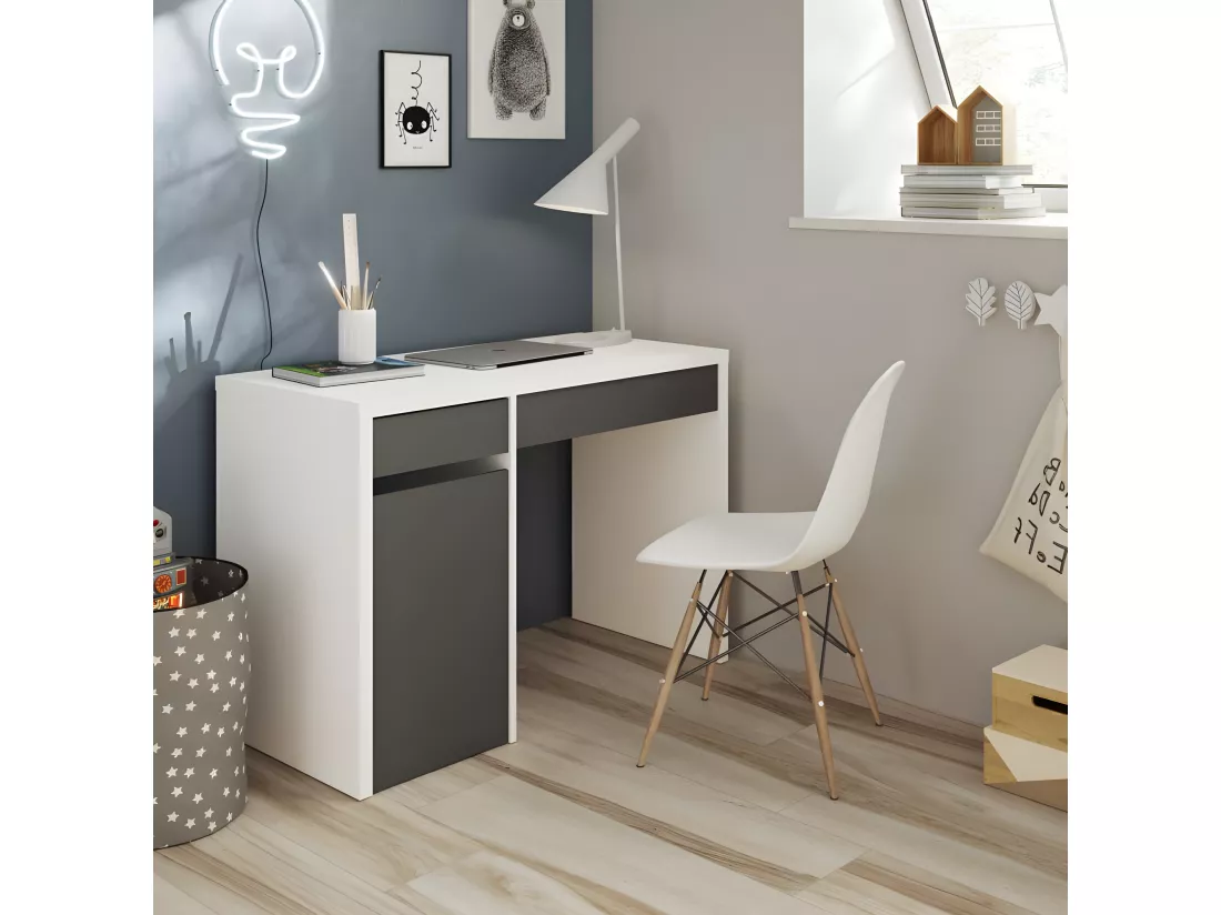 Bureau 1 porte 2 tiroirs Blanc/Gris - PAKAU - L 108 x l 50 x H 75 cm cm