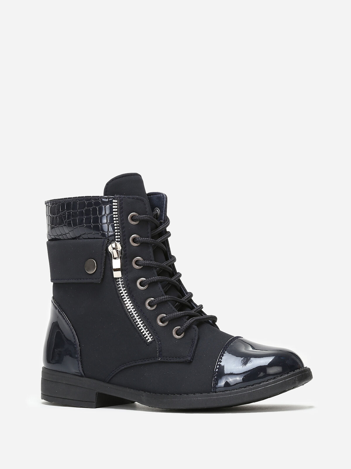 Bottines bi matière avec lacets- Bleu marine