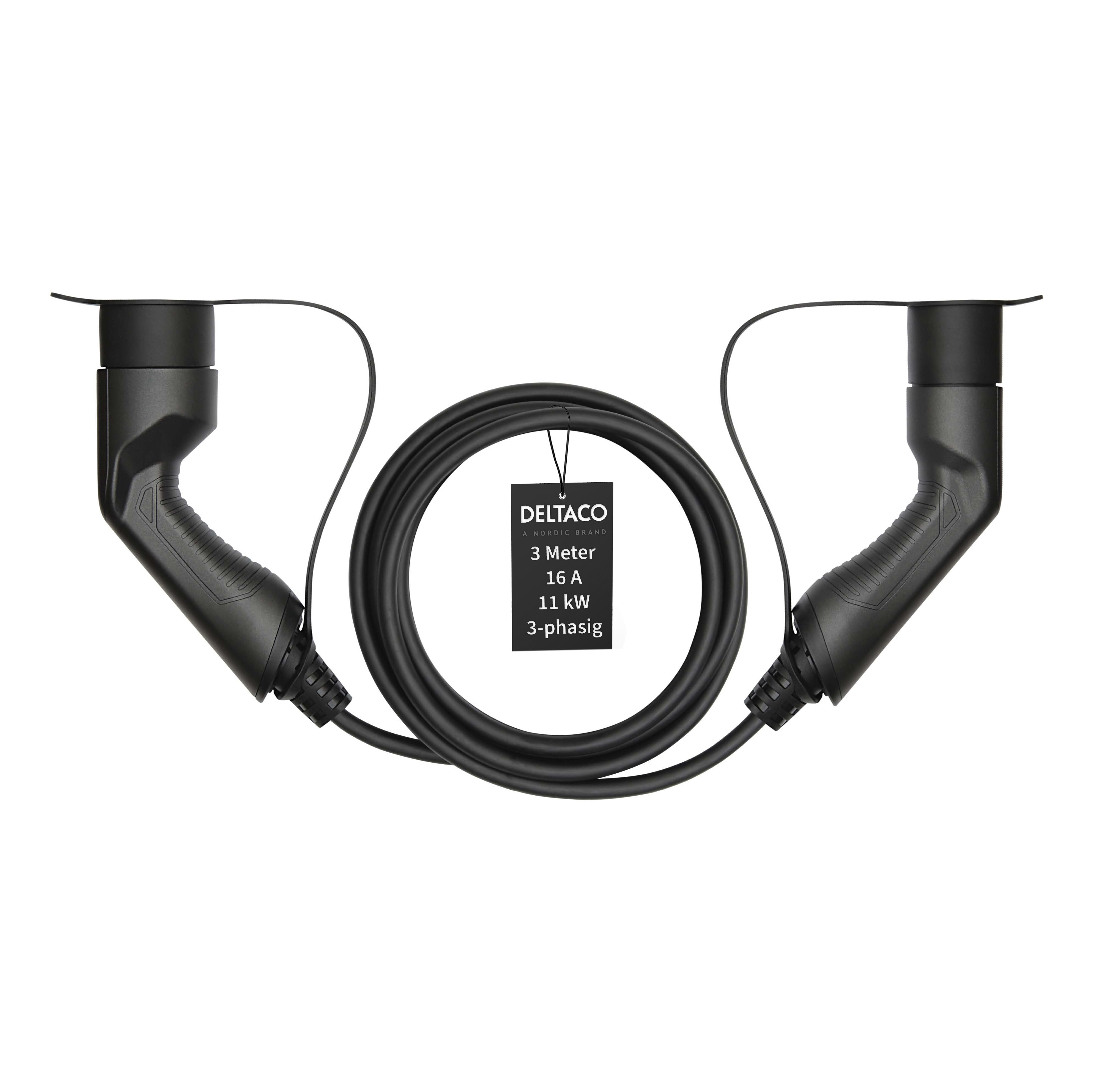 Deltaco E-Auto Ladekabel, Typ2 auf Typ2, 16 A, 11 kW, 3-phasig, 3m