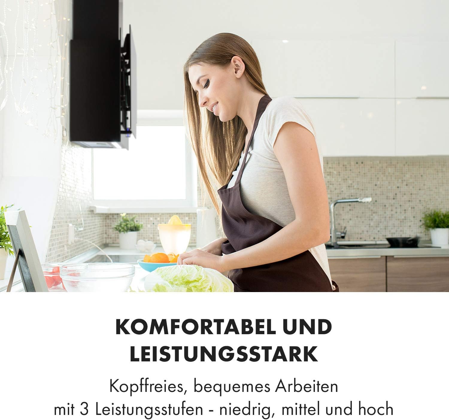 Klarstein Amelia - Dunstabzugshaube, Kopffrei-Haube, flaches Design, 123 W, 586 m³/h, LED-Beleuchtung: 3 W, 3 Leistungsstufen, beleuchteter Touch-Drehregler, 60 x 47 x 23,5 cm, schwarz