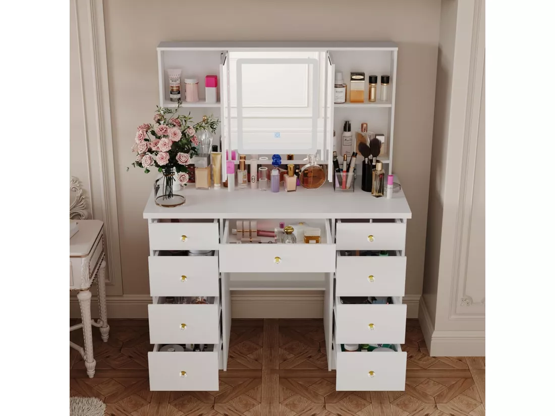 Coiffeuse avec éclairage LED et miroir rectangulaire surdimensionné 50x110x137cm Blanc