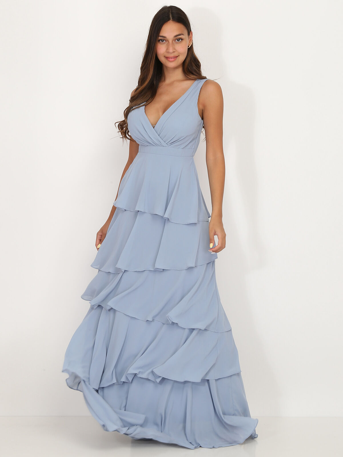 Robe longue à volants- Bleu givré