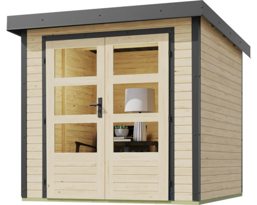 Karibu Metalwood tuinhuis, plaatstaal, stofgrijs, 228,4 x 236,5 cm, naturel