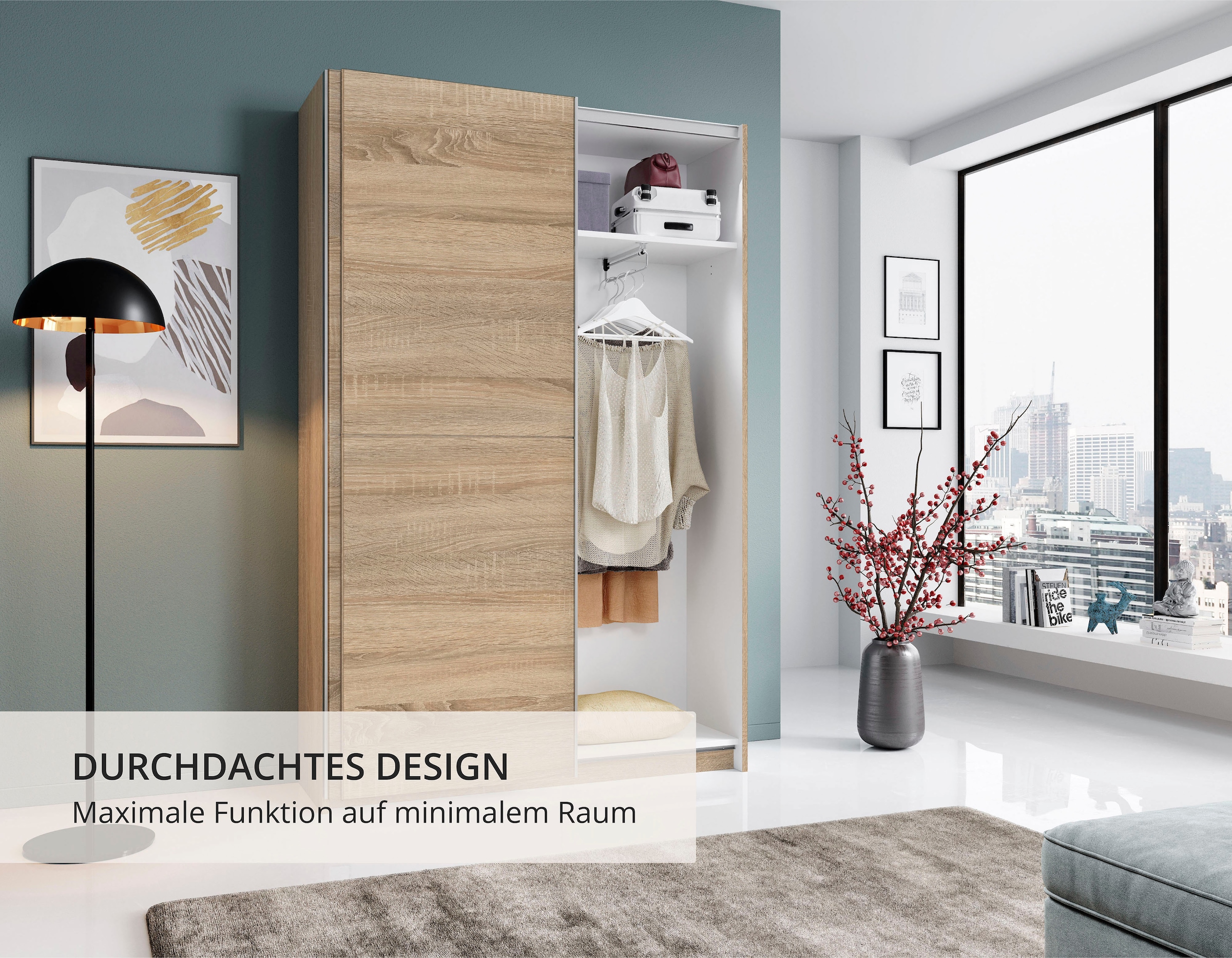 Schlafkontor Schwebetürenschrank »Heimo/Fast Schrank Kleiderschrank Garderobe OTTO´s CHOICE« geringe Tiefe, ausziehbarer Kleiderstange, Garderobenschrank, 6 Böden