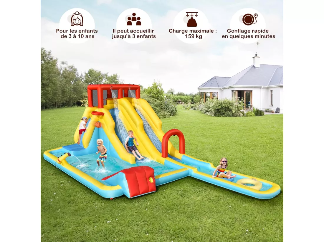 Château Gonflable 8 en 1 avec Double Toboggan Aquatique, Maison de Rebond Gonflable avec Mur d’Escalade, Pistolet à Eau, Anneaux de Natation pour 3 Enfants de 3-10 Ans (sans souffleur)