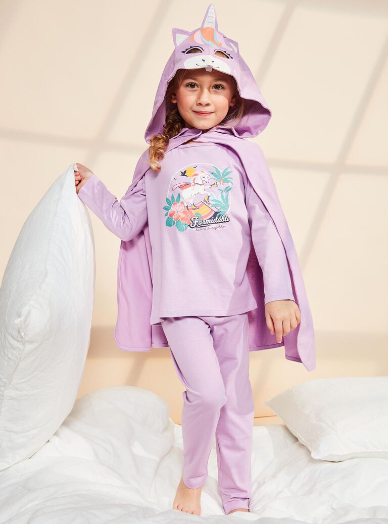 Pyjama deux pièces violet pâle en coton avec cape tête de licorne