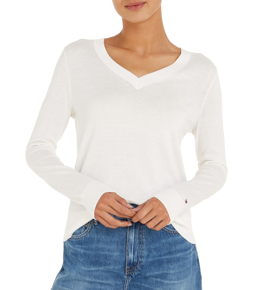 Camisa Tommy Hilfiger com decote em V e costura, branca