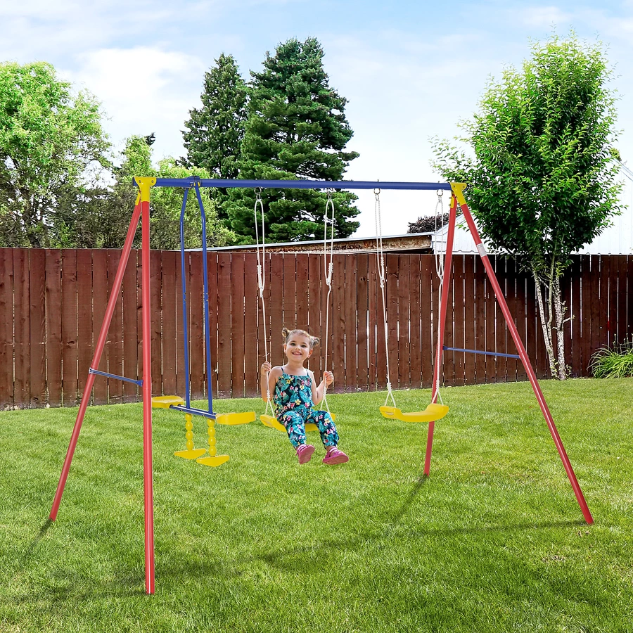 Outsunny Kinderschaukel mit 2 Schaukeln und einer Wippe bunt