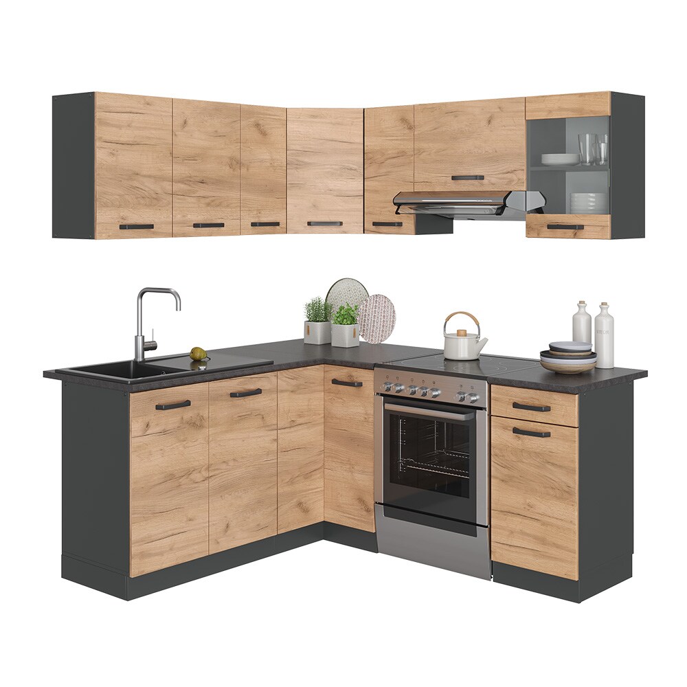 Vicco Eckküche Küchenblock Einbauküche Rick Anthrazit Eiche 190 cm modern Küchen Schränke Spülenunterschrank Eck-Unterschrank Eck-Hängeschrank Arbeitsplatte Küchenmöbel Küchenzeile L-Küche