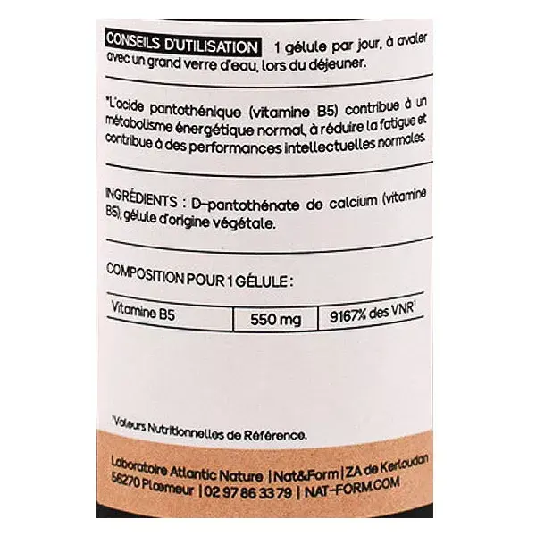 Vitamina B5 da Nat & Form para fadiga e concentração, 30 cápsulas.