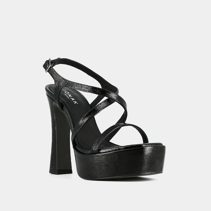 Sandales à plateformes et brides croisées  en cuir plissé noir