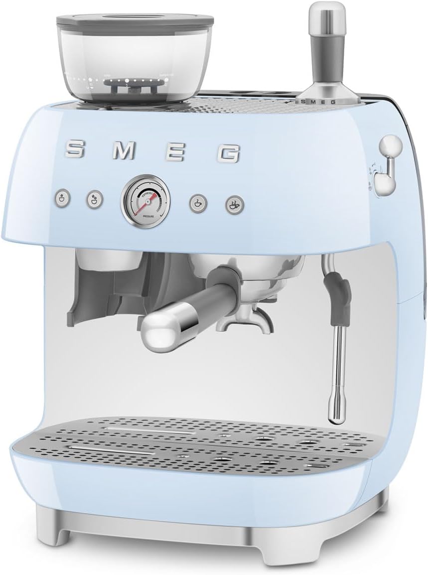 Smeg, Machine à Café Expresso Manuelle EGF03CREU, avec Broyeur à Grain Intégré, Thermoblock, 4 Niveaux de Température, Buse Vapeur et Manomètre, Réservoir 1 L, Dimensions Compactes, 1350W, Crème