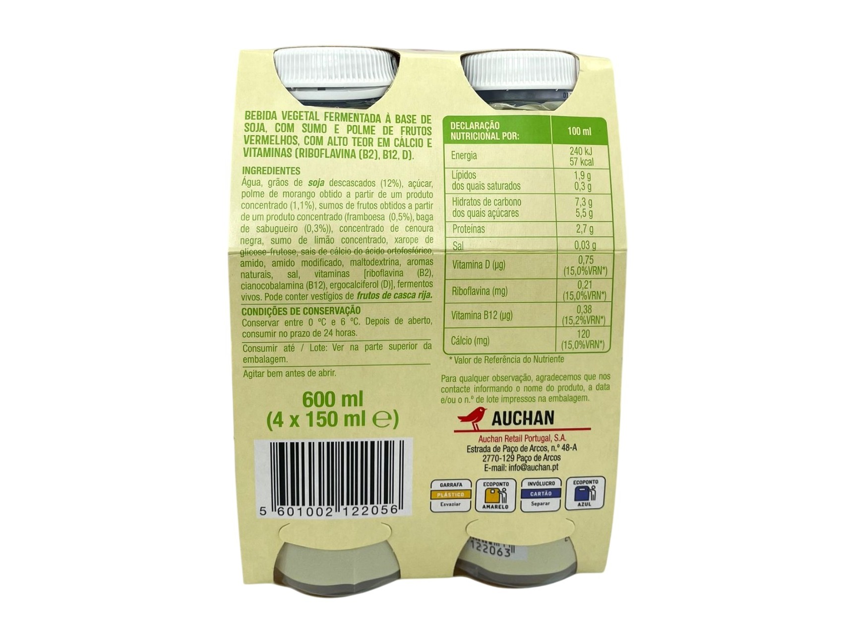 SOJAGURTE LÍQUIDO AUCHAN FRUTOS VERMELHOS 4X150 ML