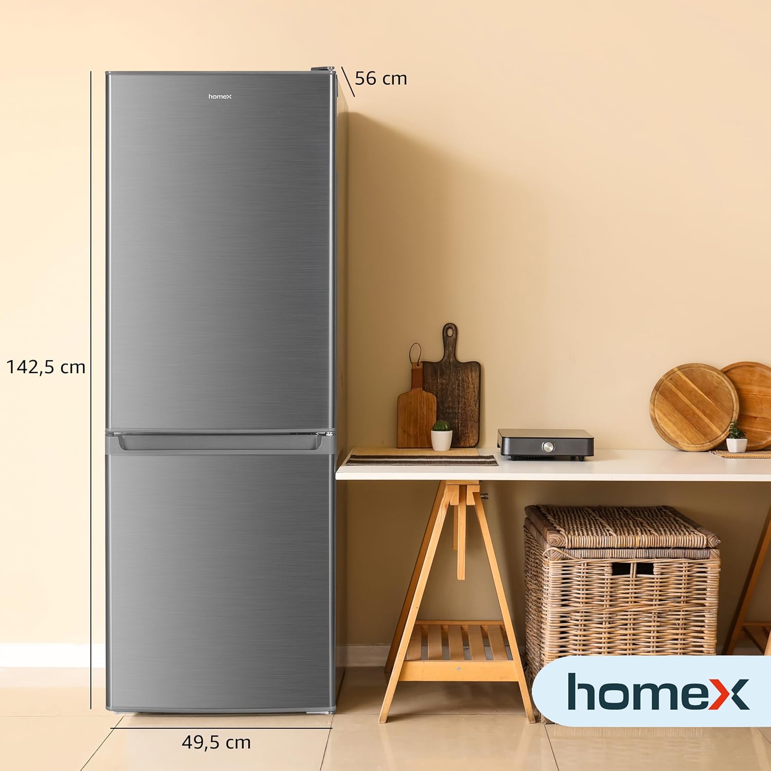 homeX Kühlschrank mit Gefrierfach | Kühl Gefrierkombination freistehend | 173 Liter Nutzinhalt | 4-Sterne Gefrieren | Höhe 142,5 cm | Leise 40 dB | Große Kühlgefrierkombi silber | CFS1110-S