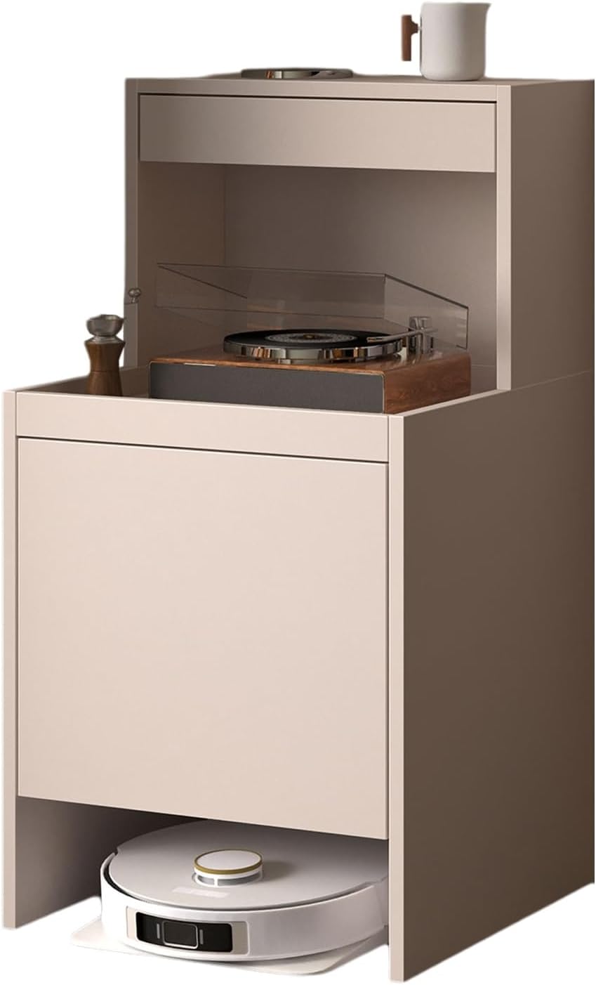 Smart Robot Vakuumschrank Holz-Finish Kehrroboter-Aufbewahrungsschrank Einfacher Wasserwechsel Aufbewahrungs-Beistell für Wohnzimmer Schlafzimmer(Gray)