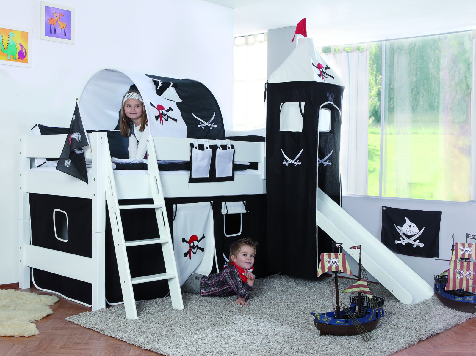 Halbhochbett KIM - weiß - Buche massiv - mit Rutsche und Turm - 90x200 cm