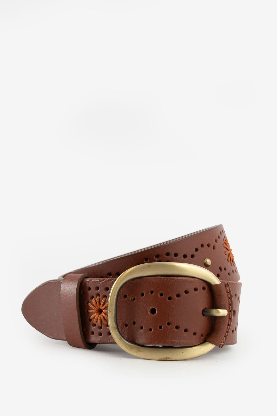 Bruine leren riem met embroidery