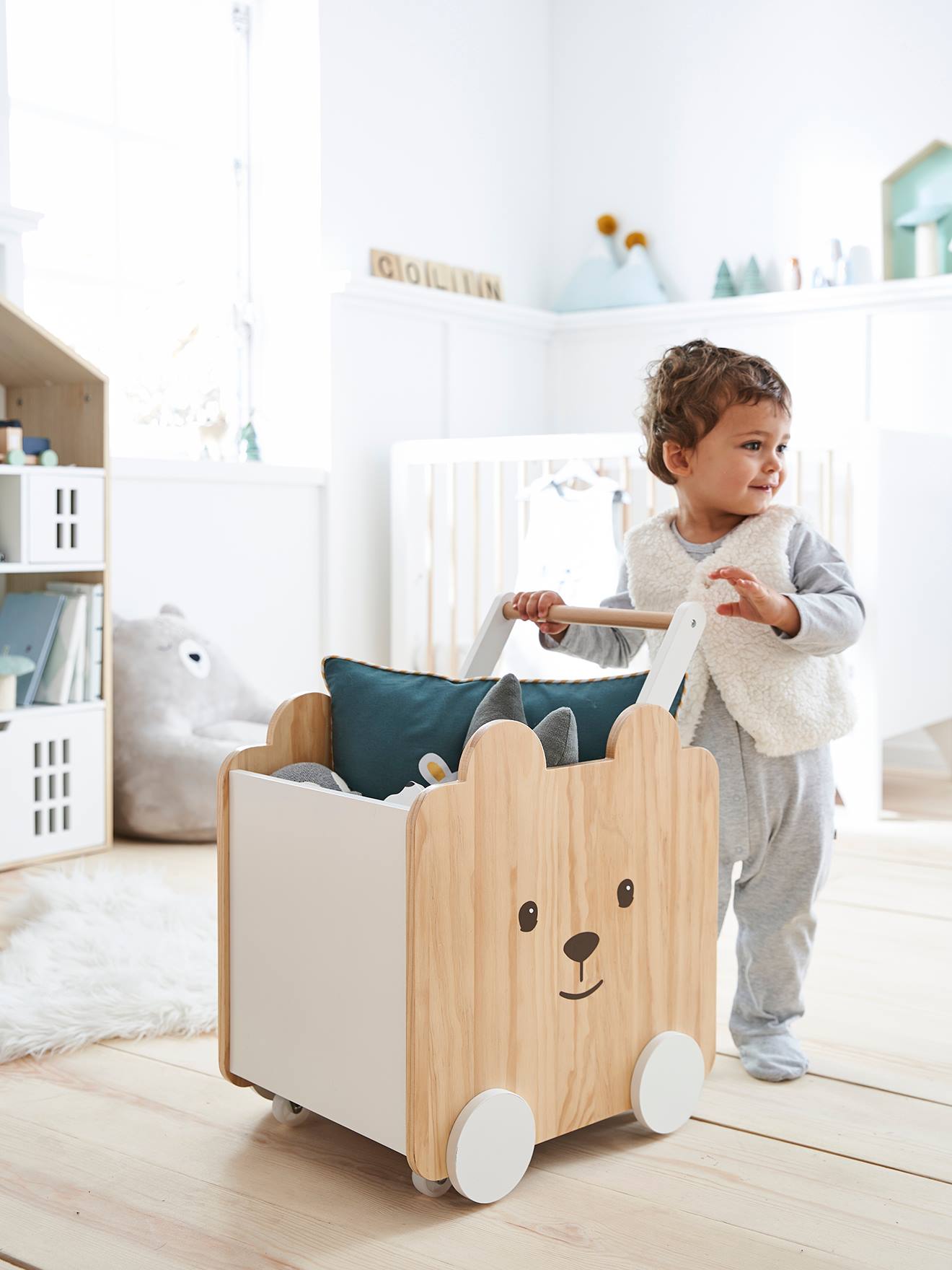 Caixa com rodas, urso branco claro, bicolor/multicolorido