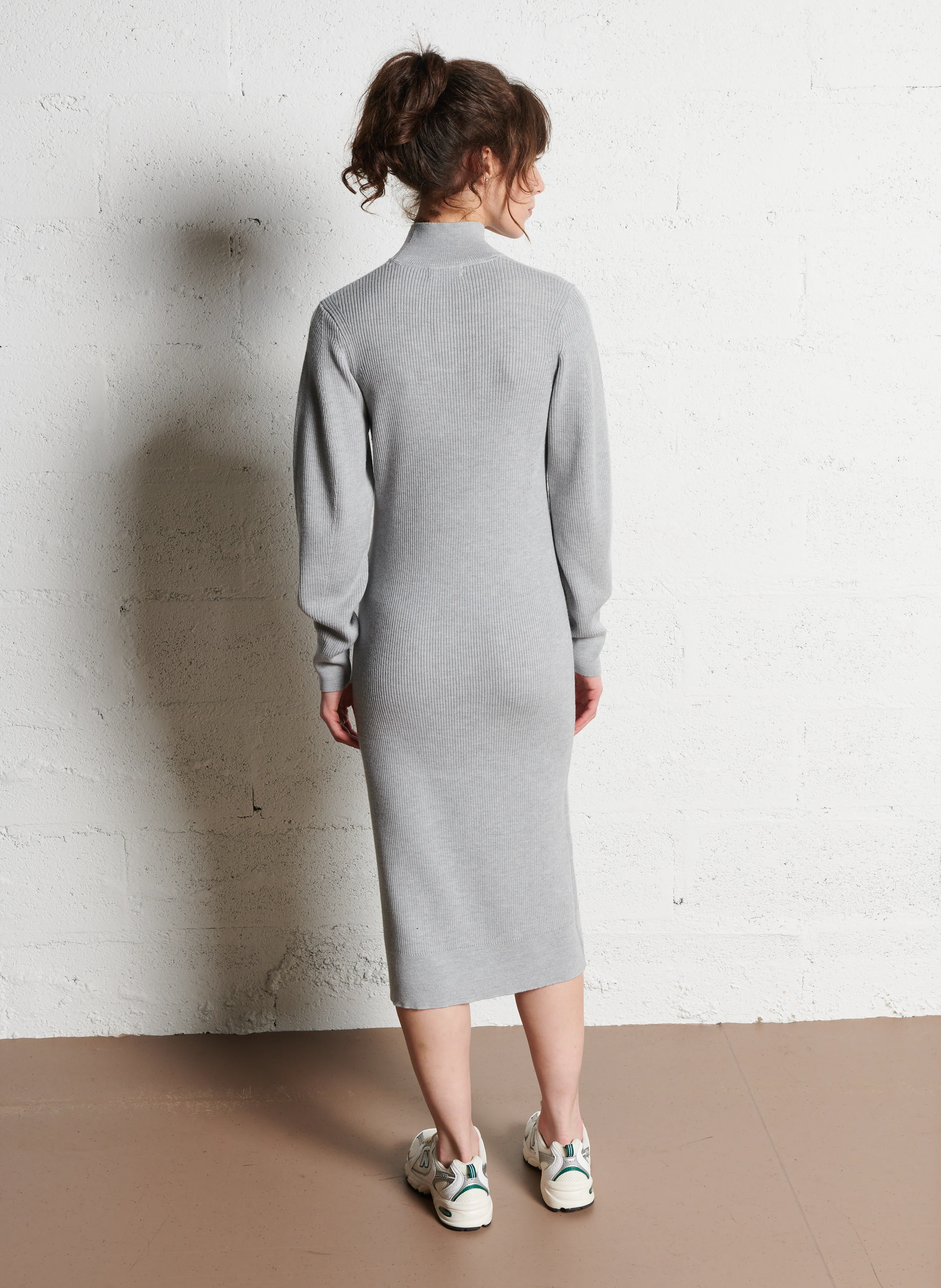 Robe midi col montant en laine | Gris