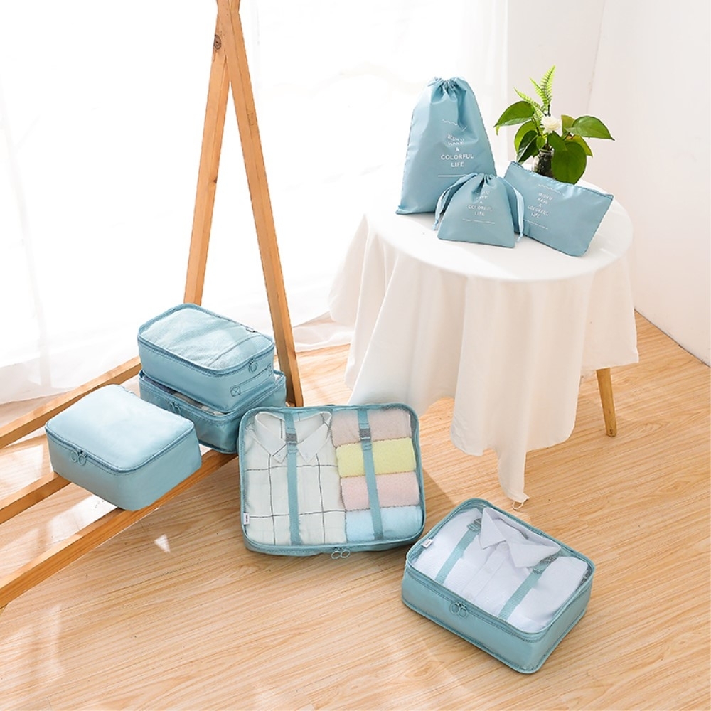 8in1 Spritzwasserfester Koffer Organizer Reise Gepäck Kompressions Kleidertaschen Set - Rosa / Weiss