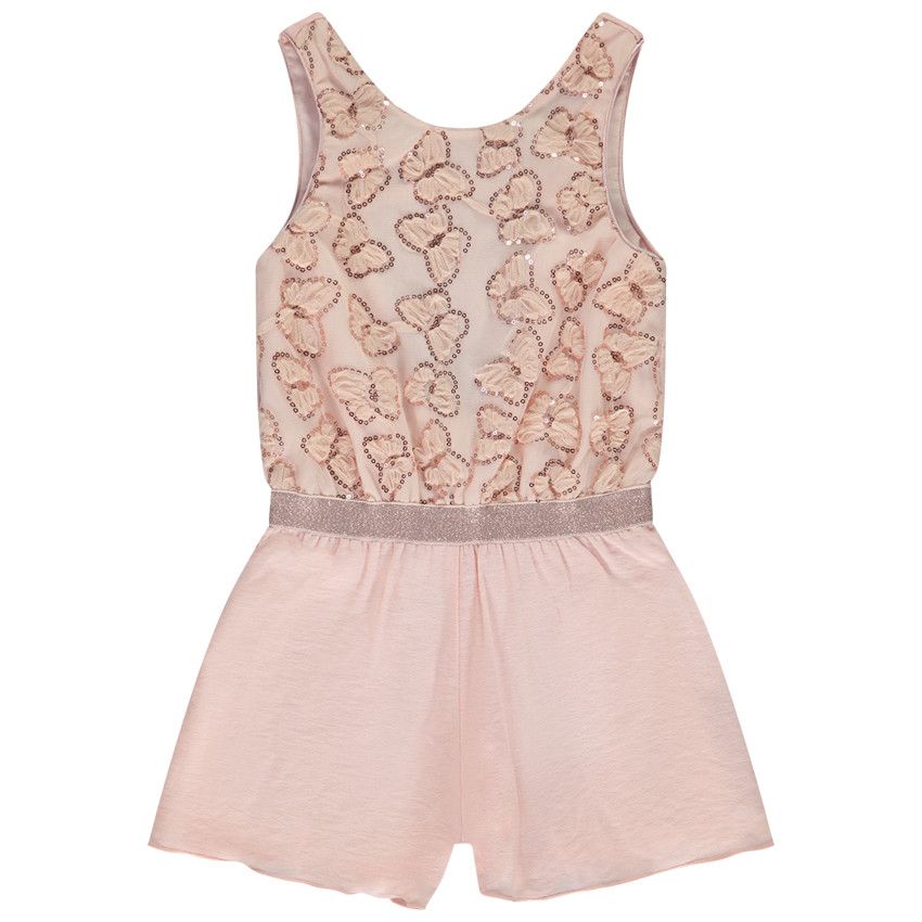 Combinaison courte bi-matière avec papillons en tulle pour fille - Rose
