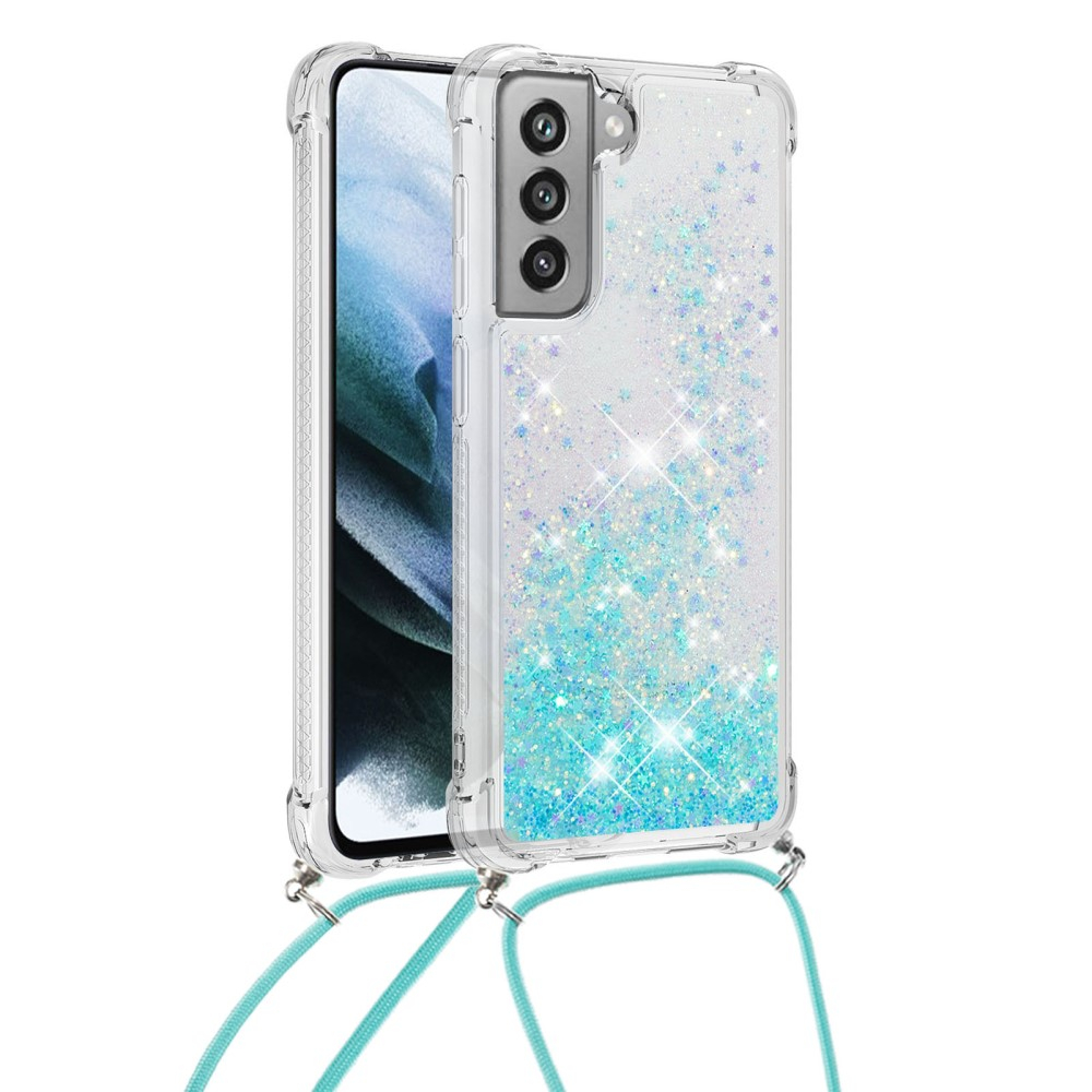Samsung Galaxy S21 FE 5G Necklace Gummi Hülle Liquid Glitzer   Handykette (130cm) - Türkis / Silber