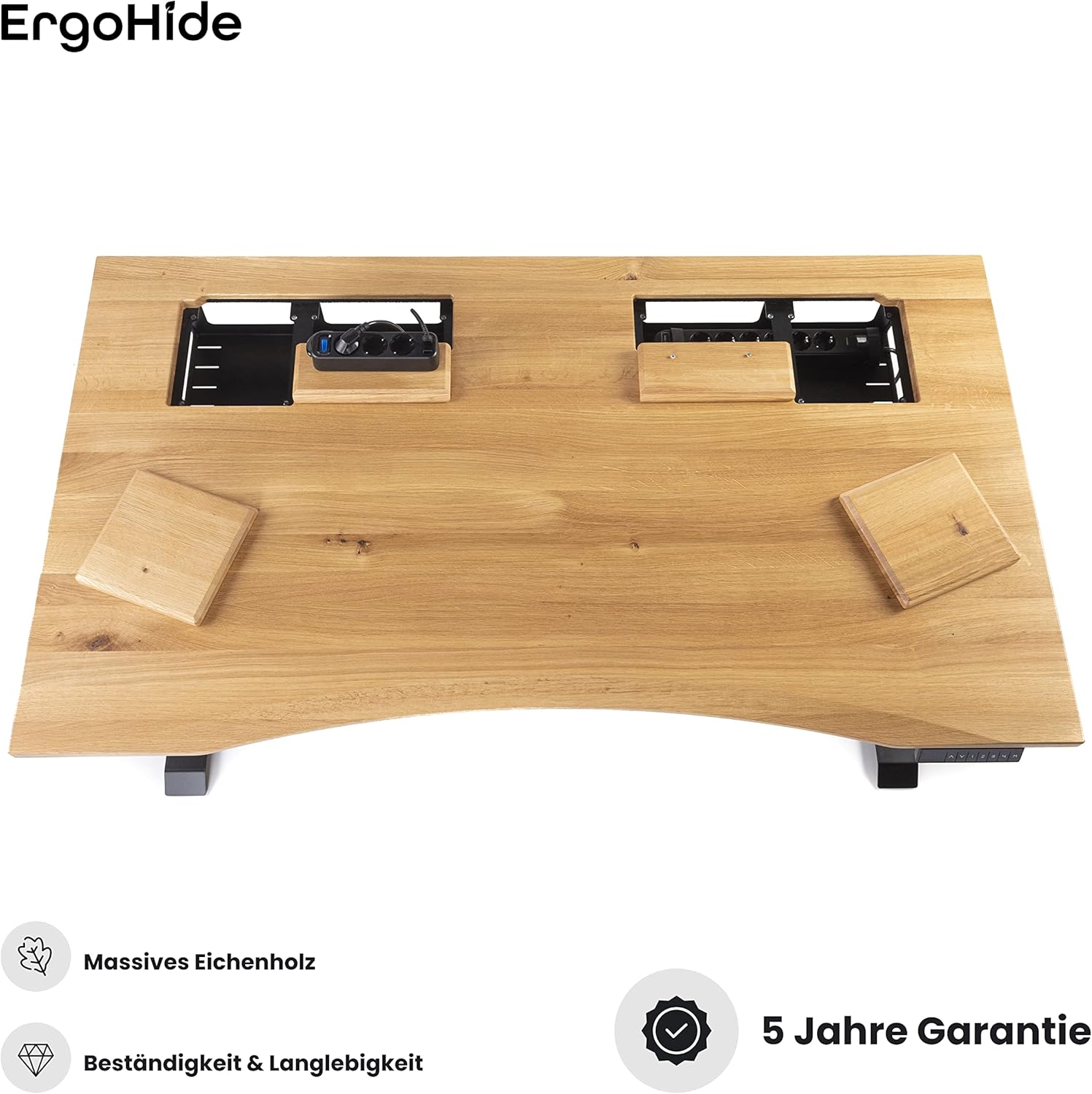 ErgoHide® Höhenverstellbarer Schreibtisch aus Massivholz mit erweitertem Kabelmanagement/Kabelkanal (Eiche, Schwarz, Ergonomisch, 150x80cm)