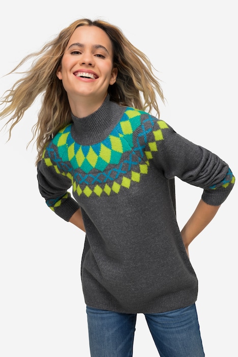 Norweger-Pullover, farbige Muster, Stehkragen, Raglan-Langarm