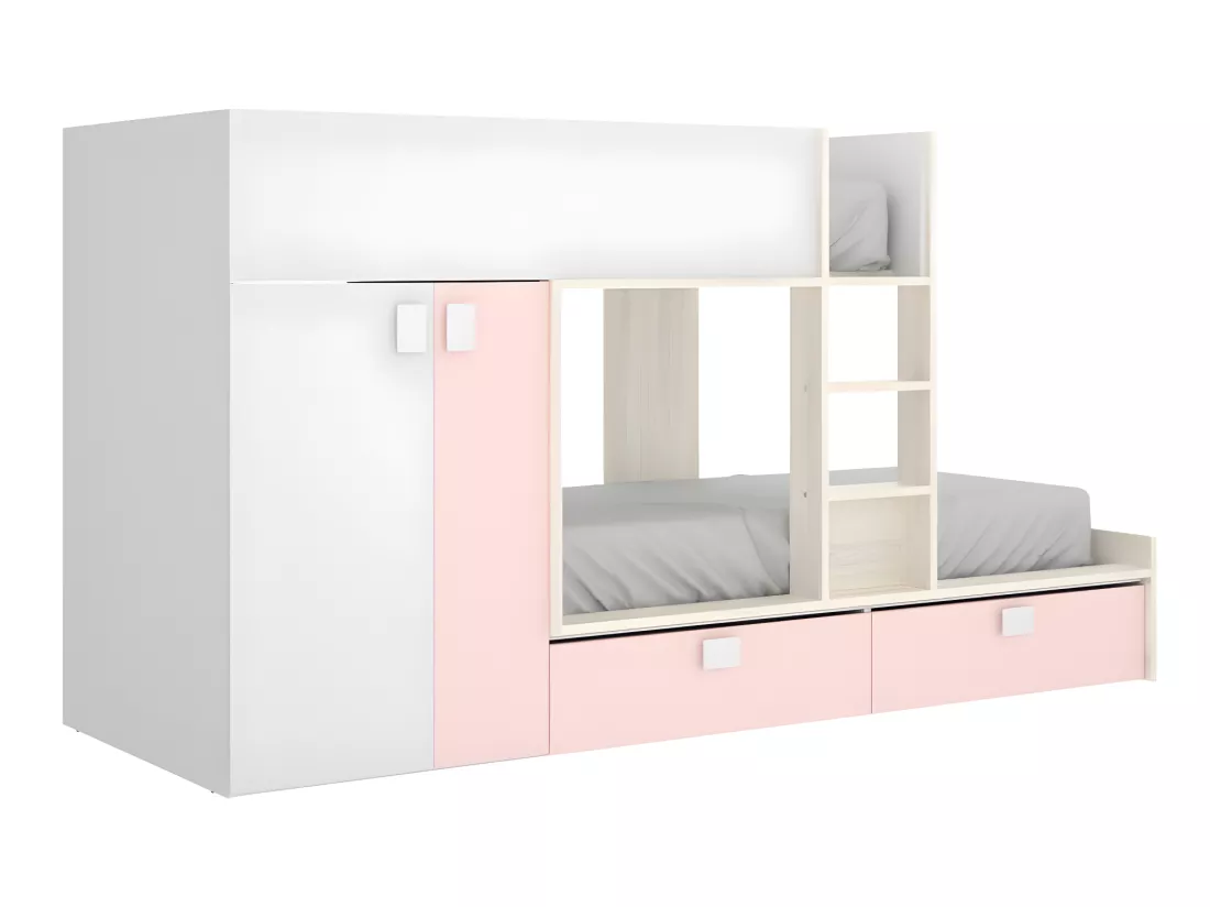 Lits Superposés 2 x 90 x 190 cm - Armoire intégrée - Blanc, naturel et rose + matelas - JUANITO