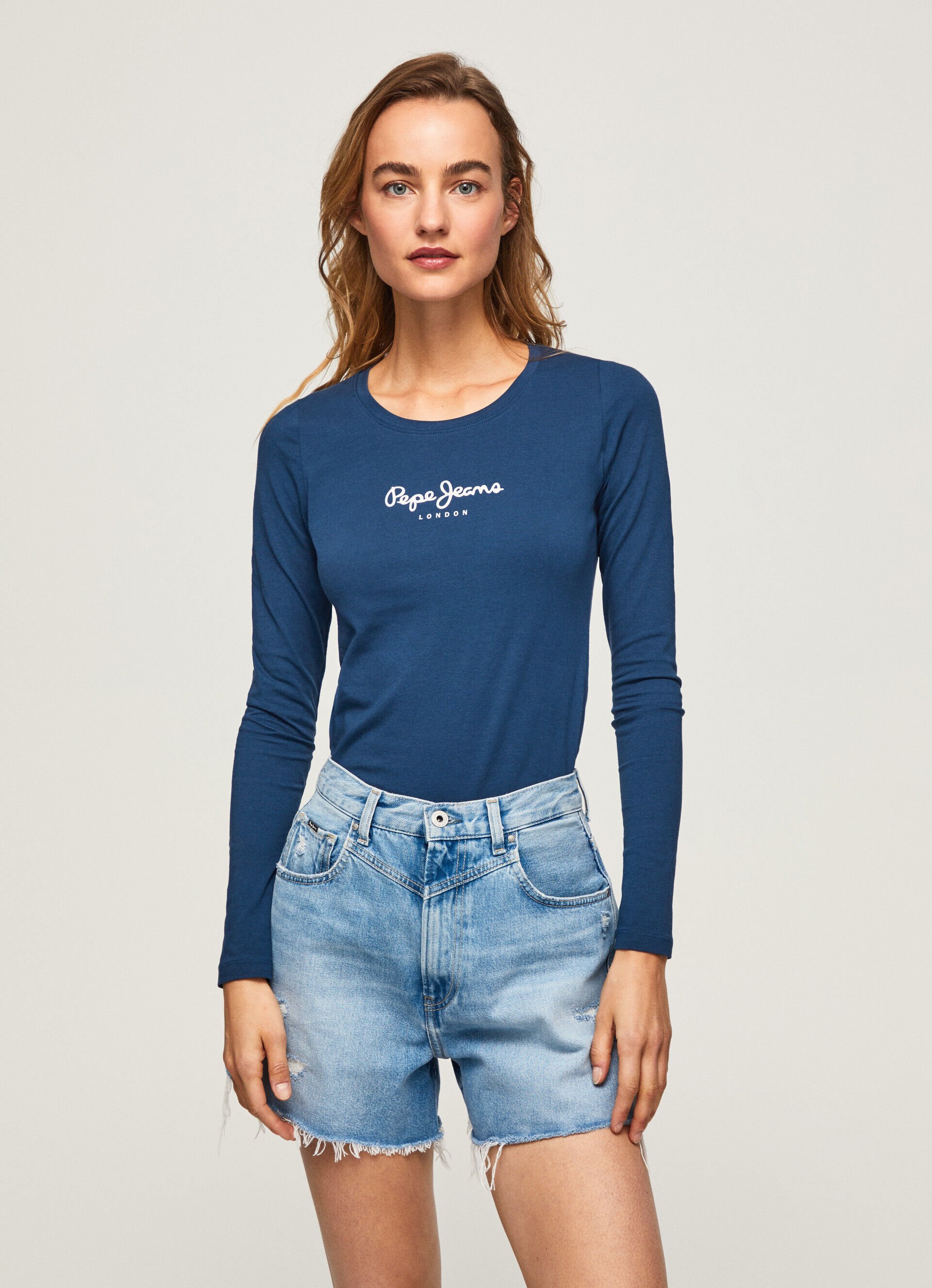 CAMISETA DE ALGODÃO DE MANGA LONGA - azul marinho