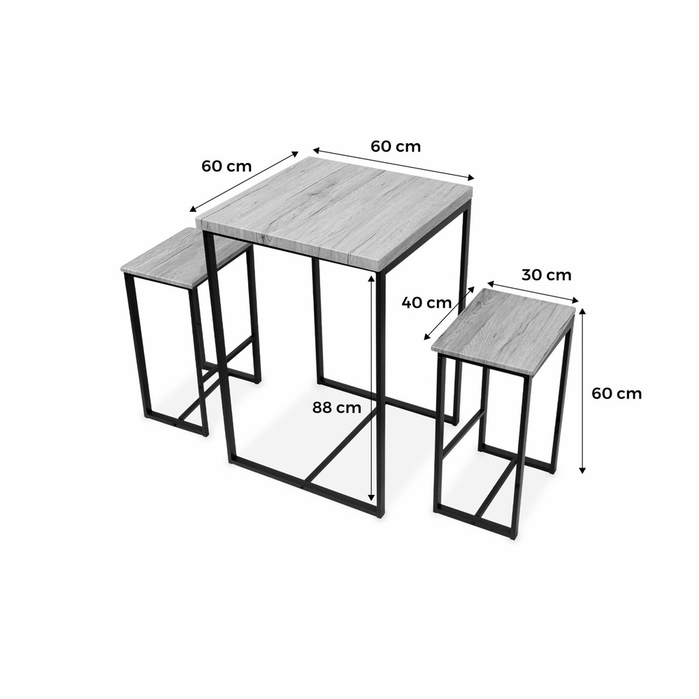Set table haute carré - loft - avec 2 tabourets de bar. Acier et décor bois. Encastrable. Design
