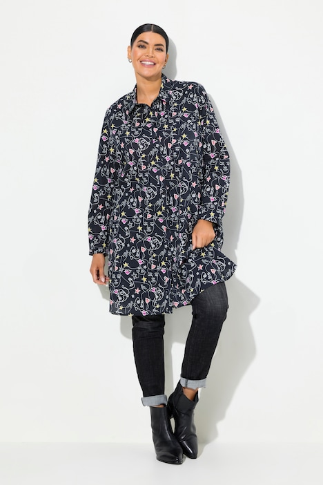 Longbluse, Scribble-Herz Muster, A-Linie, Langarm