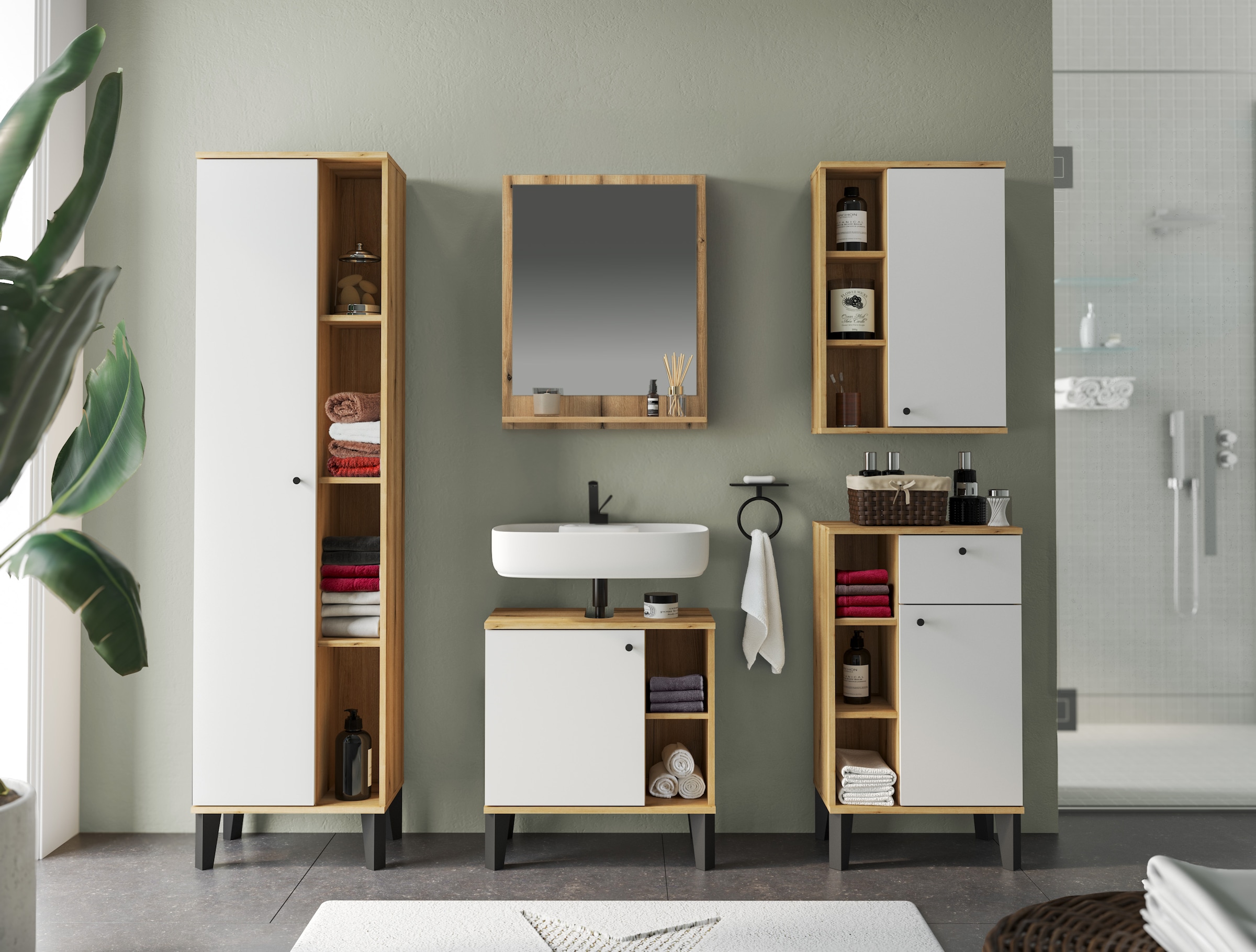 INOSIGN Badmöbel-Set »OSLO, Bad im skandinavischen Design, 5-teiliges Badezimmer« Set, 5 Stk. tlg.