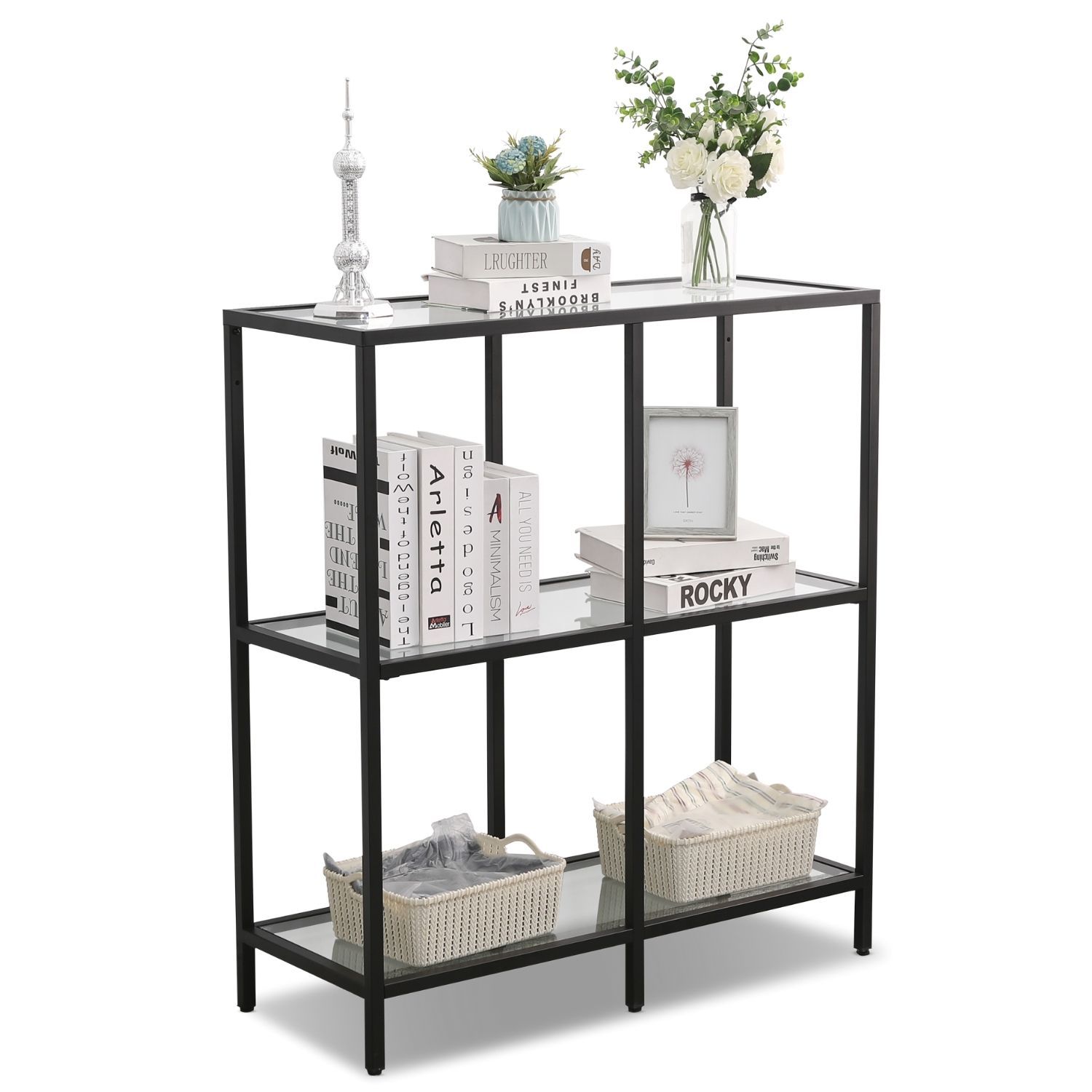 Mein-Regal Regal Glasgow 90x35x100cm aus Metall Glaseinlegeboden 2 Etagen schwarz