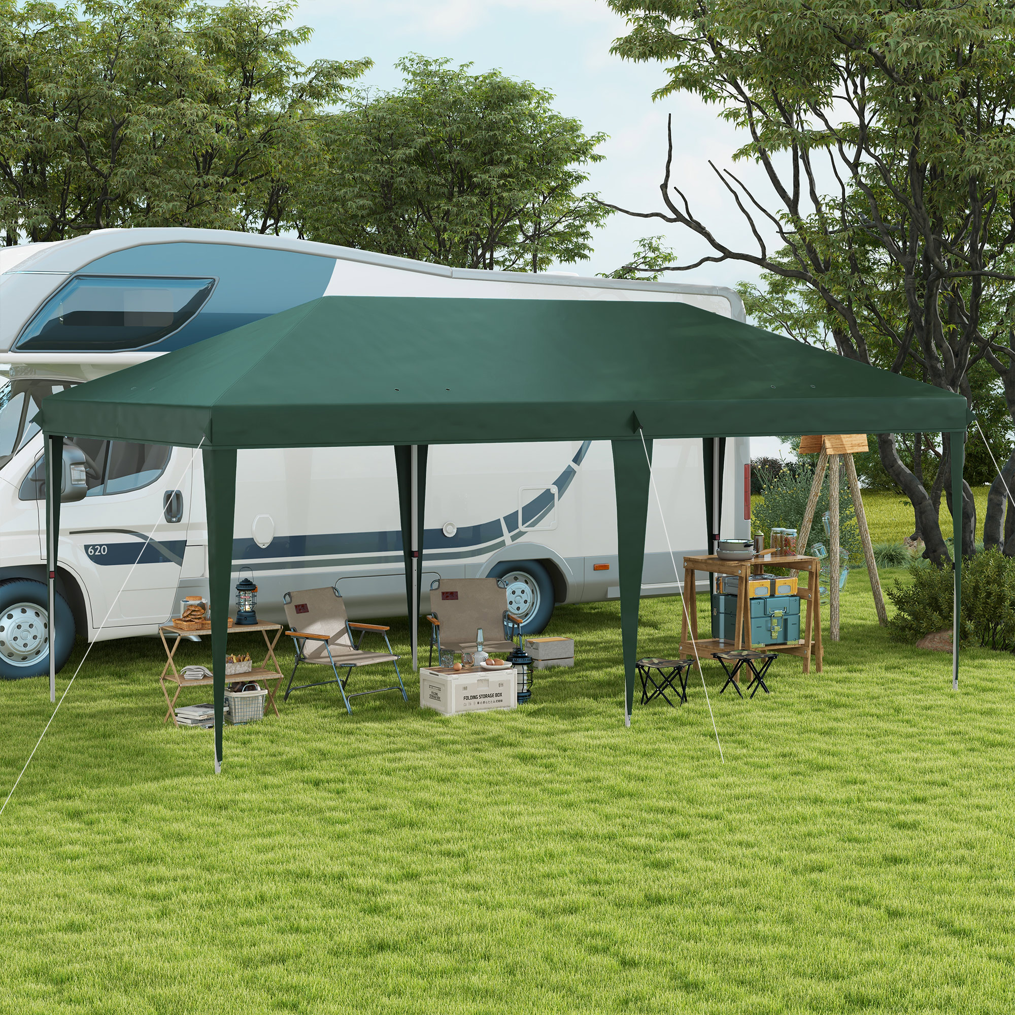 Tenda dobrável Outsunny 6x3m para jardim, com 3 níveis de altura ajustáveis, bolsa de transporte, estrutura de aço anti-UV para pátio, festas, camping, verde.