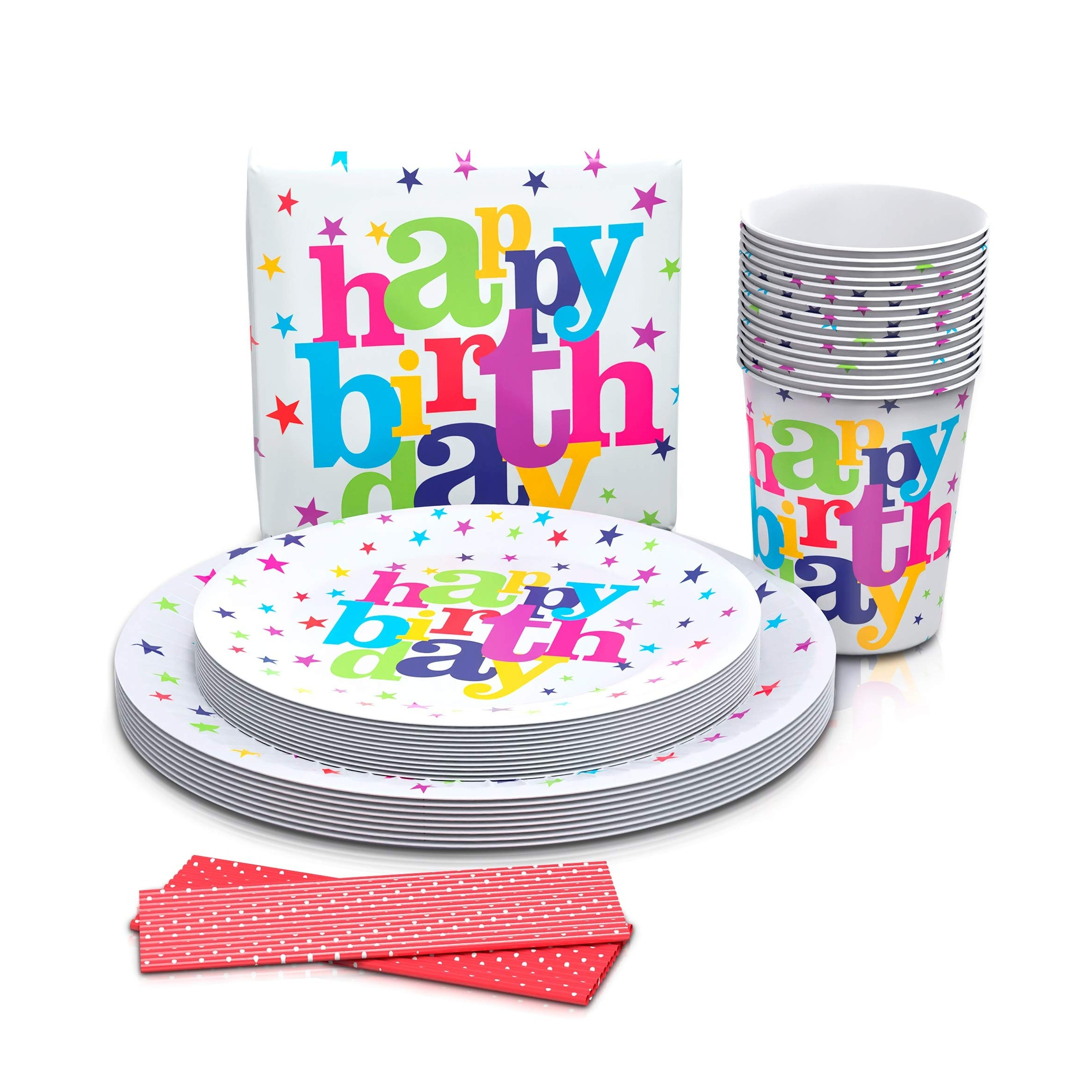 (125-tlg. Set) Happy Birthday Einweg Geschirr Geburtstags Party Tisch Deko inkl. Teller / Servietten / Papp Becher - Bunt