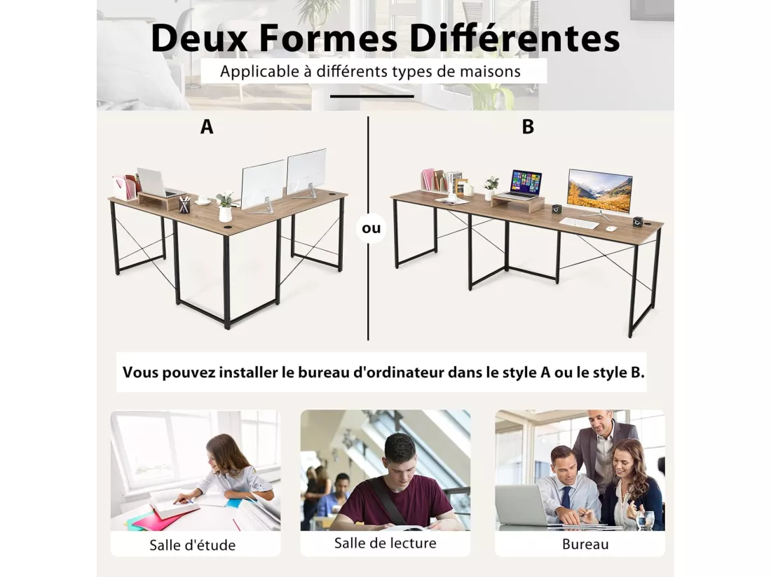 Bureau d'angle en L Réversible avec Support de Moniteur/Poste de Travail Industriel pour 2 Personnes avec 3 Trous de Câble-Assemblage Facile-150 x 150 x 74 CM, Naturel
