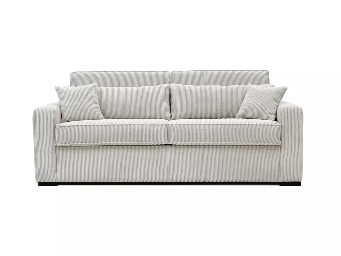 Canapé 3 places convertible express en velours côtelé beige - Couchage à lattes larges 140 cm - Matelas 16 cm - MONDOVI
