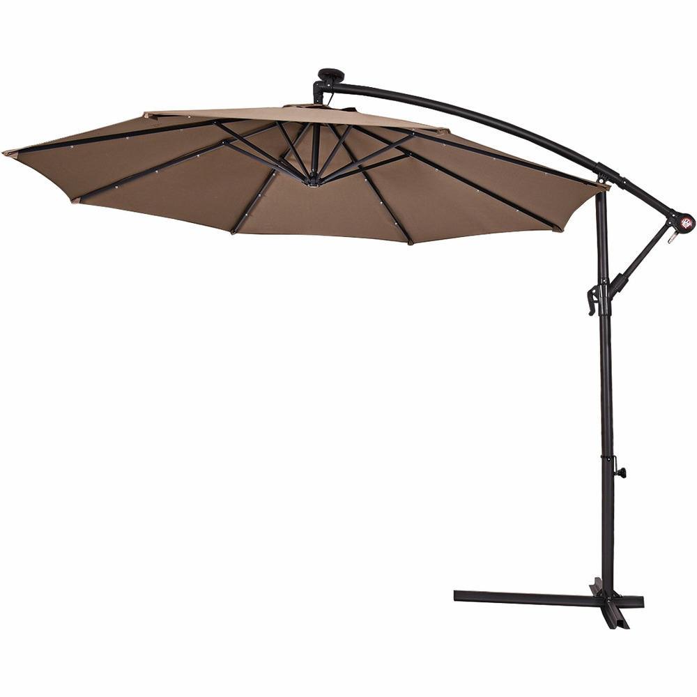 Parasol 3 m déporté excentré avec 24 led lampe solaire fait en polyester imperméable hauteur 245cm 8 baleines en fer marron 2